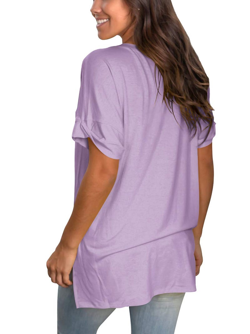 SAMPEEL Women's Short Sleeve V Neck Shirts Summer Casual Tops Loose Fitting Tunics Violet L - Image 3